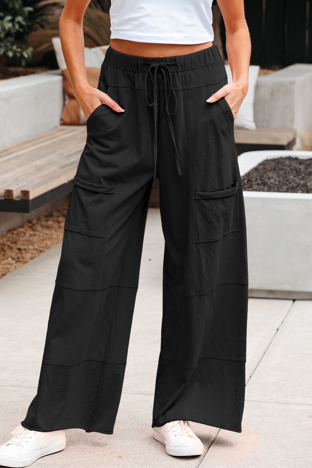 Black Mineral Wash Exposed Seam Drawstring Elastic Waistband Wide Leg Cargo Pants - Image 4