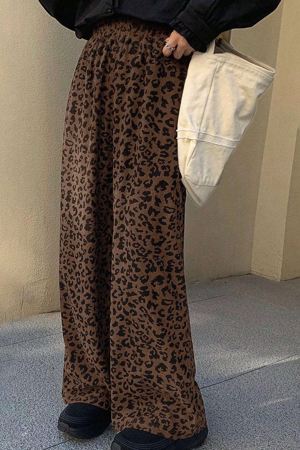 Dark Brown Leopard Print Elastic High Waist Loose Corduroy Pants - Image 4