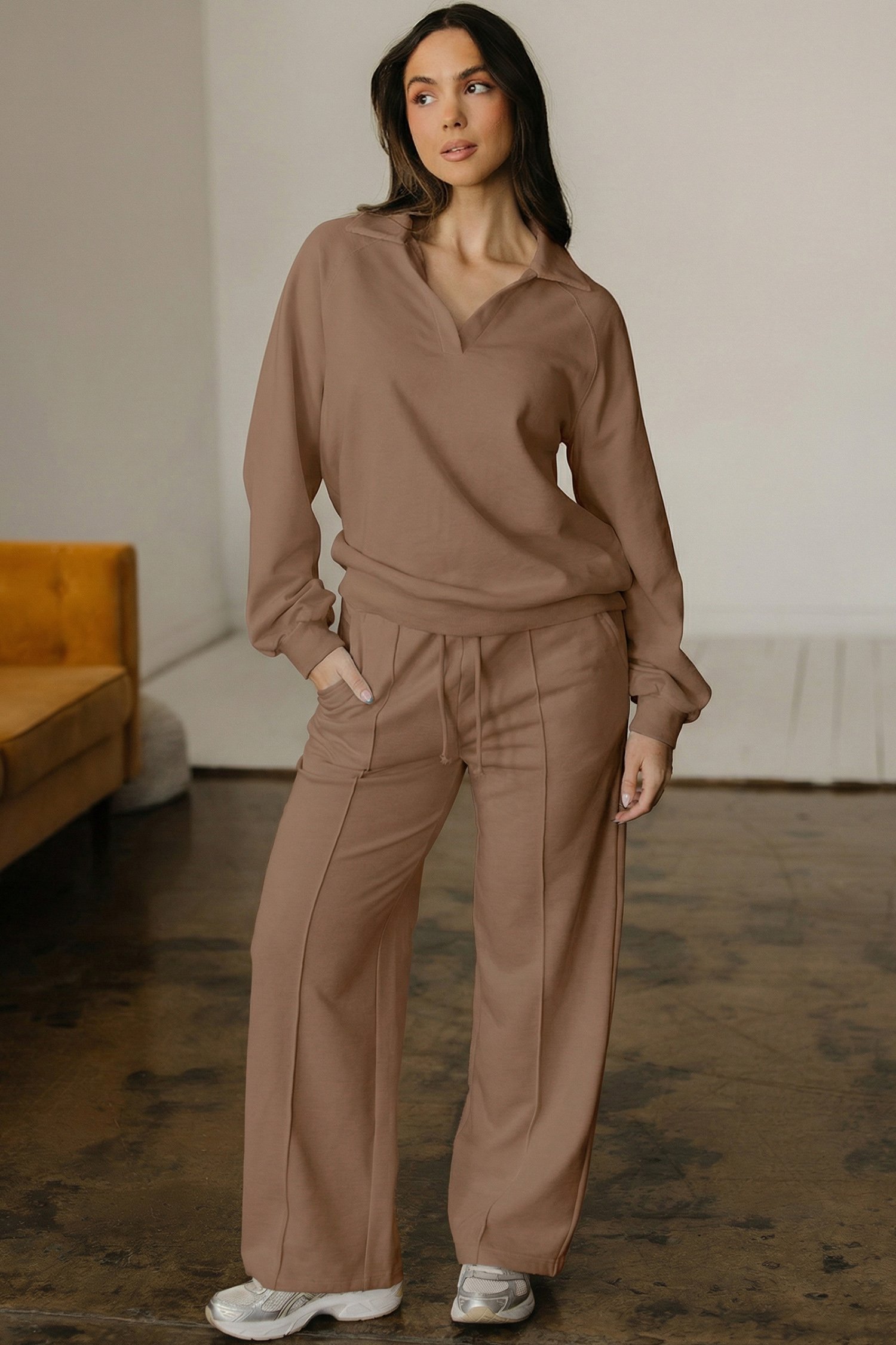 Dark Khaki Polo Collar V Neck Pullover and Drawstring Sweatpants Set - Image 9
