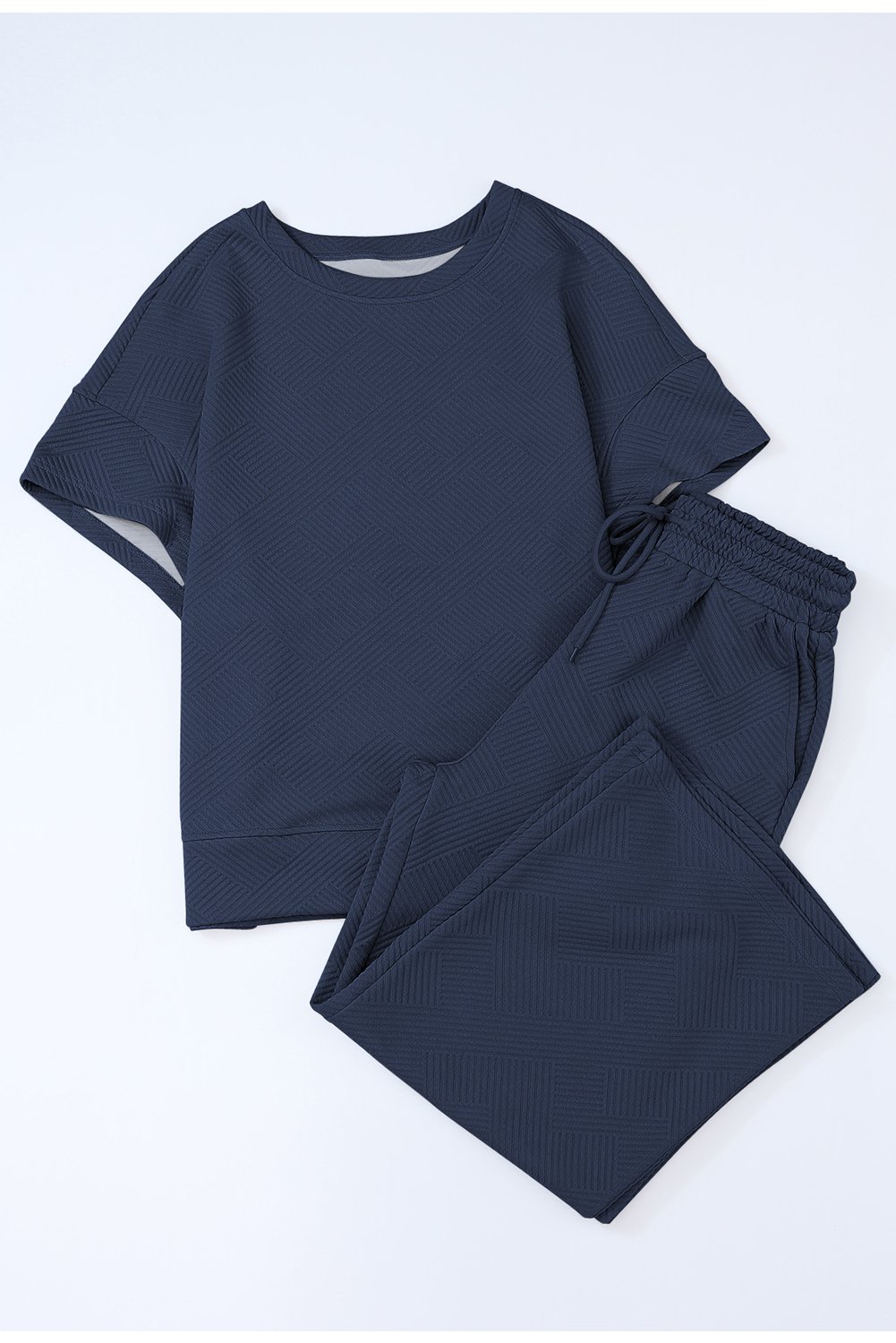Navy Blue Textured Loose Fit T Shirt and Drawstring Pants Set - Image 6