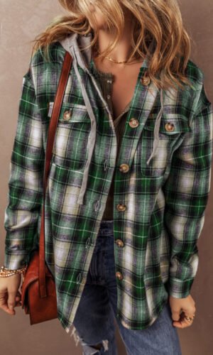 Green Plaid Print Chest Pocket Buttoned Hooded Shacket