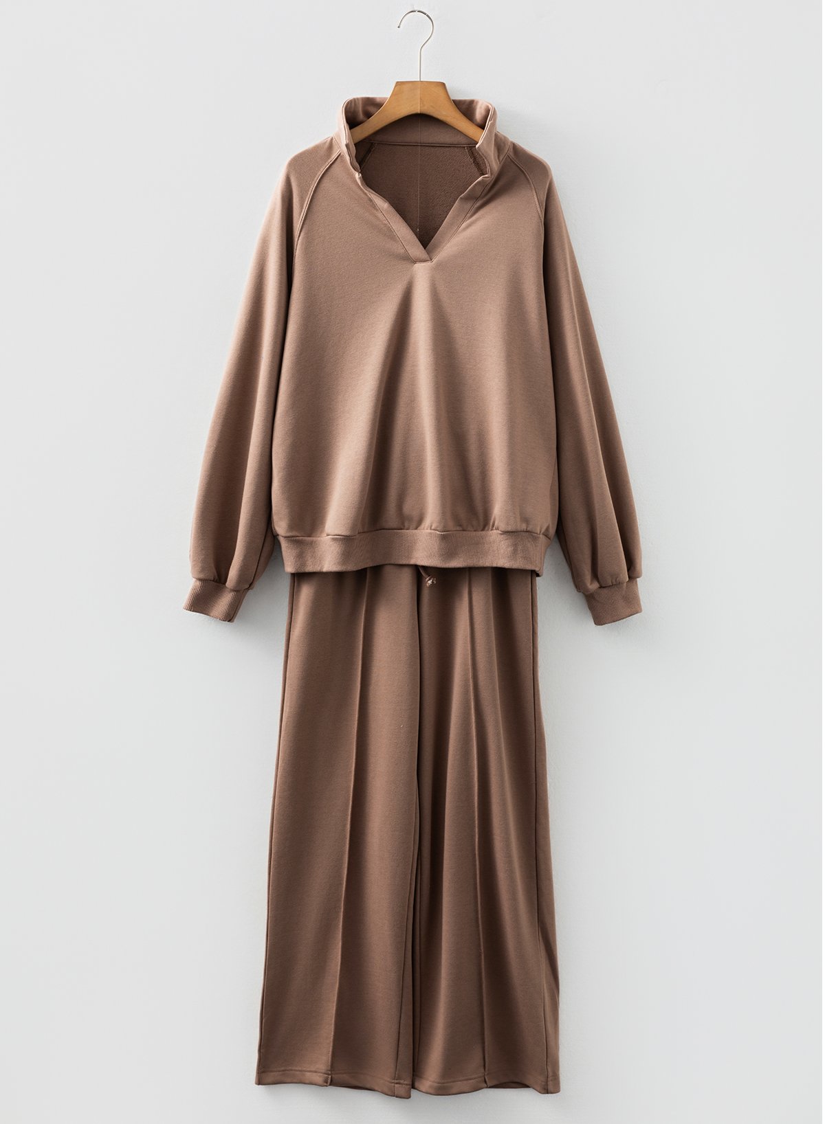 Dark Khaki Polo Collar V Neck Pullover and Drawstring Sweatpants Set - Image 4