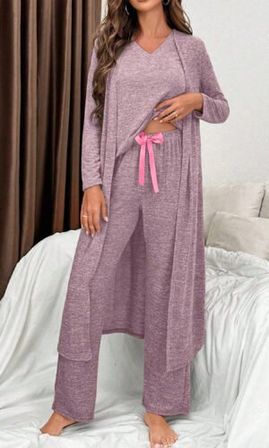 Delicacy 3pcs V Neck T Shirt Ribbon Knot Pants Open Duster 3pcs Lounge Set