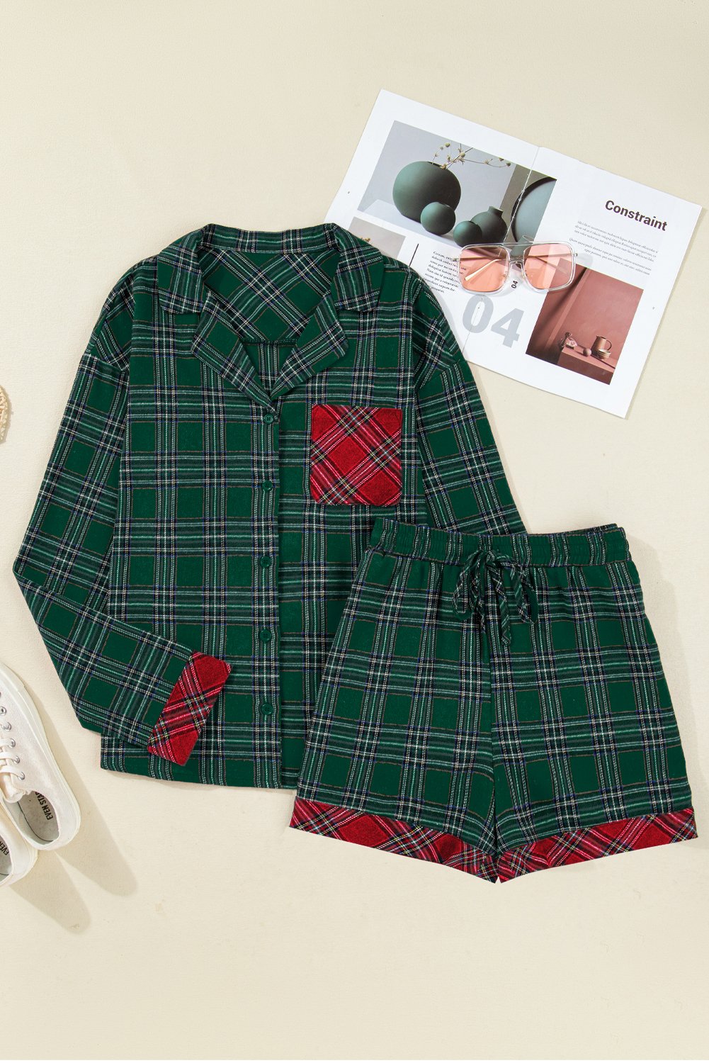 Green Plaid Contrast Patched Christmas Holiday Long Sleeve Shirt and Short 2pcs Pajama Set - Image 6
