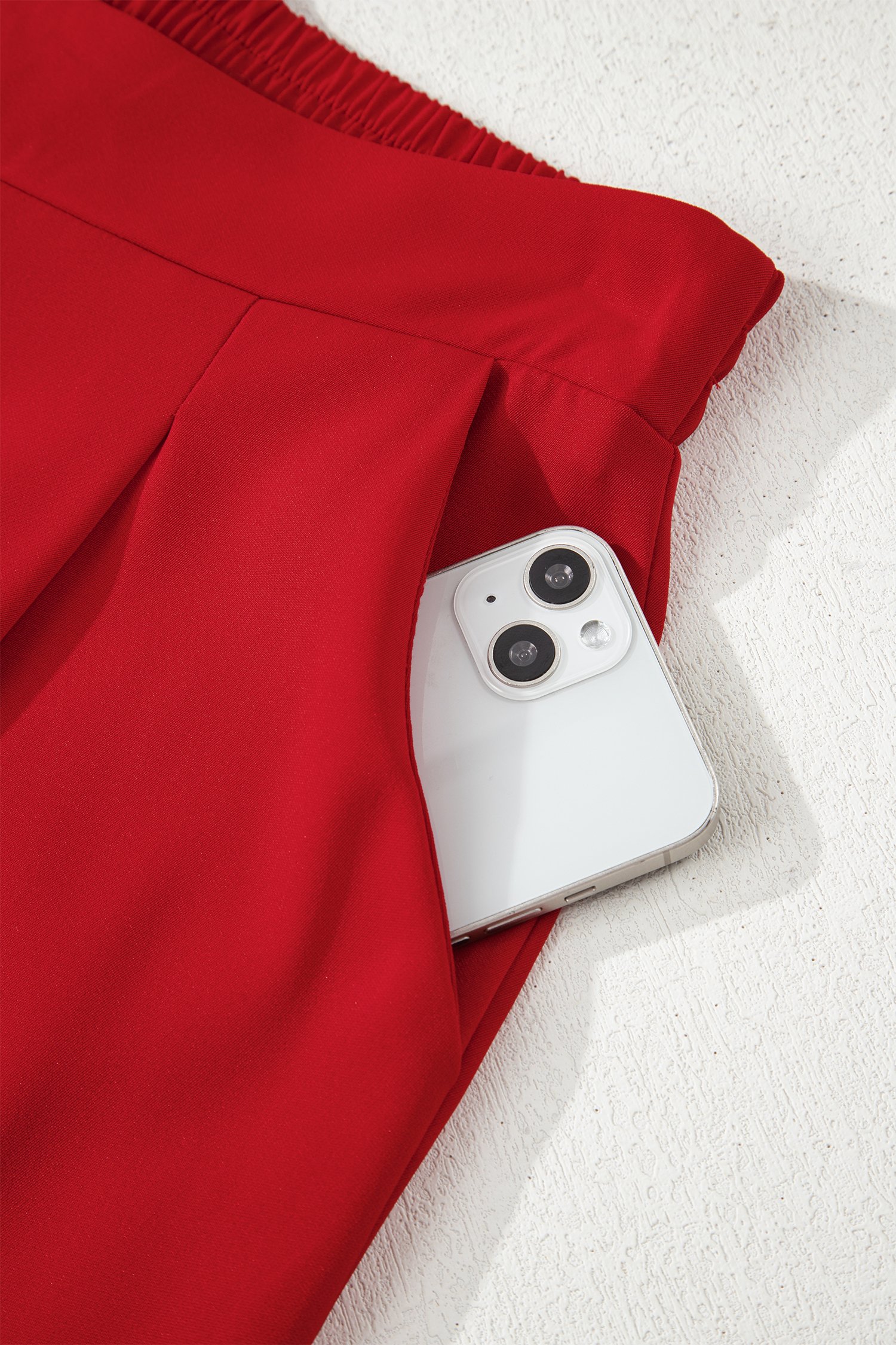 Fiery Red Pleated Detail Pull On High Elastic Waist Loose Straight Pants - Image 7