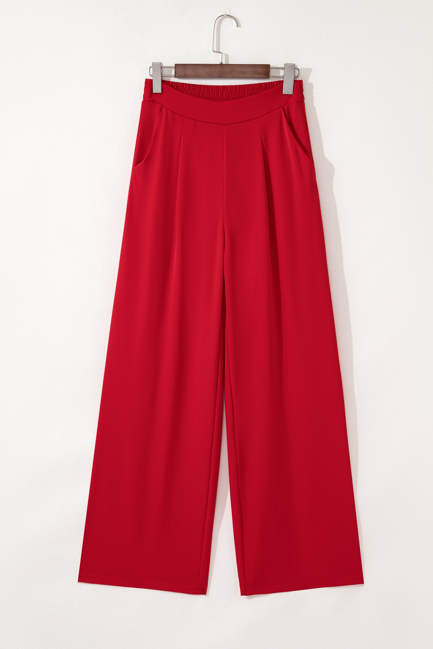 Fiery Red Pleated Detail Pull On High Elastic Waist Loose Straight Pants - Image 4