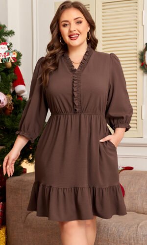 Coffee Plus Size Frilled Trim V Neck Puff Sleeve Textured Mini Dress