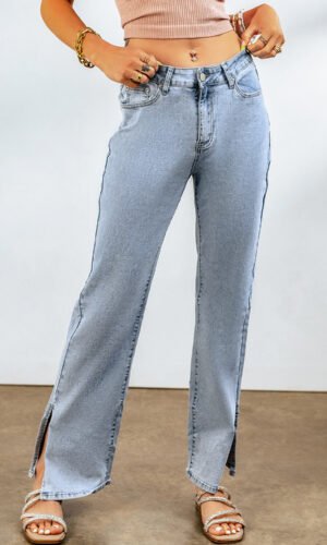 Sky Blue High Rise Slit Anklet Flare Jeans