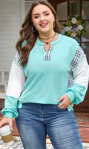 Aruba Blue Twist Ribbed Color Block Plaid Patchwork Plus Size Long Sleeve Top