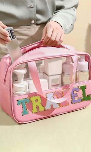Light Pink TRAVEL Chenille Letter Clear PVC Makeup Bag
