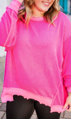 Rose Red Drop Shoulder Uneven Hem Plus Size Twisted Rib Top