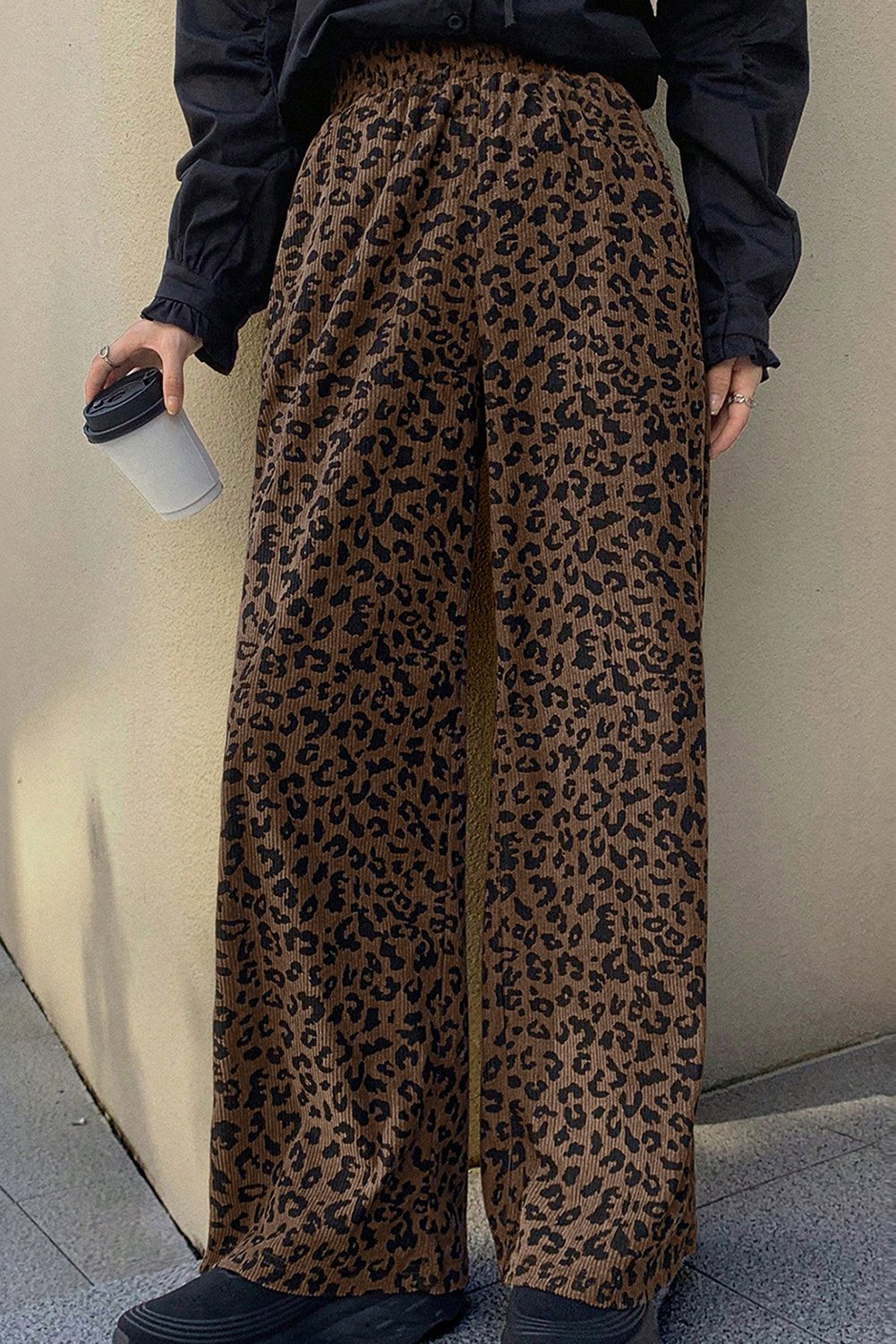Dark Brown Leopard Print Elastic High Waist Loose Corduroy Pants - Image 2