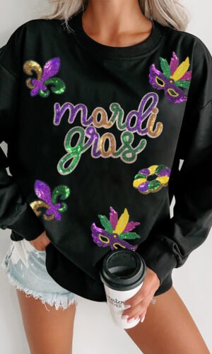 Black Sequin mardi gras Fleur de Lis Graphic Pullover Sweatshirt