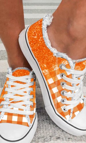 Orange Checkered Flat Canvas Shoes