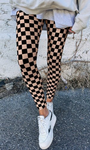 Khaki Checkered Pattern High Waist Skinny Leggings