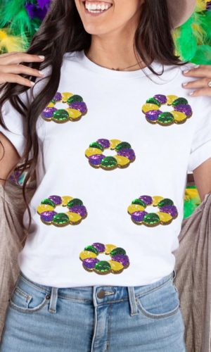 White Sequined Mardi Gras Pattern Crew Neck Short Sleeve Top