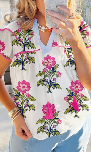 Rose Vintage Floral Print Contrast Notched V Neck Plus Size Summer Blouse