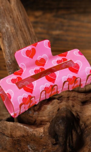 Pink Double Heart Printed Valentines Fashion Hair Claw