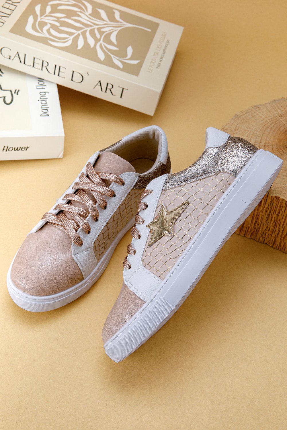 Dearlove Gold Glitter Star Patchwork PU Leather Lace-up Sneakers - Image 7