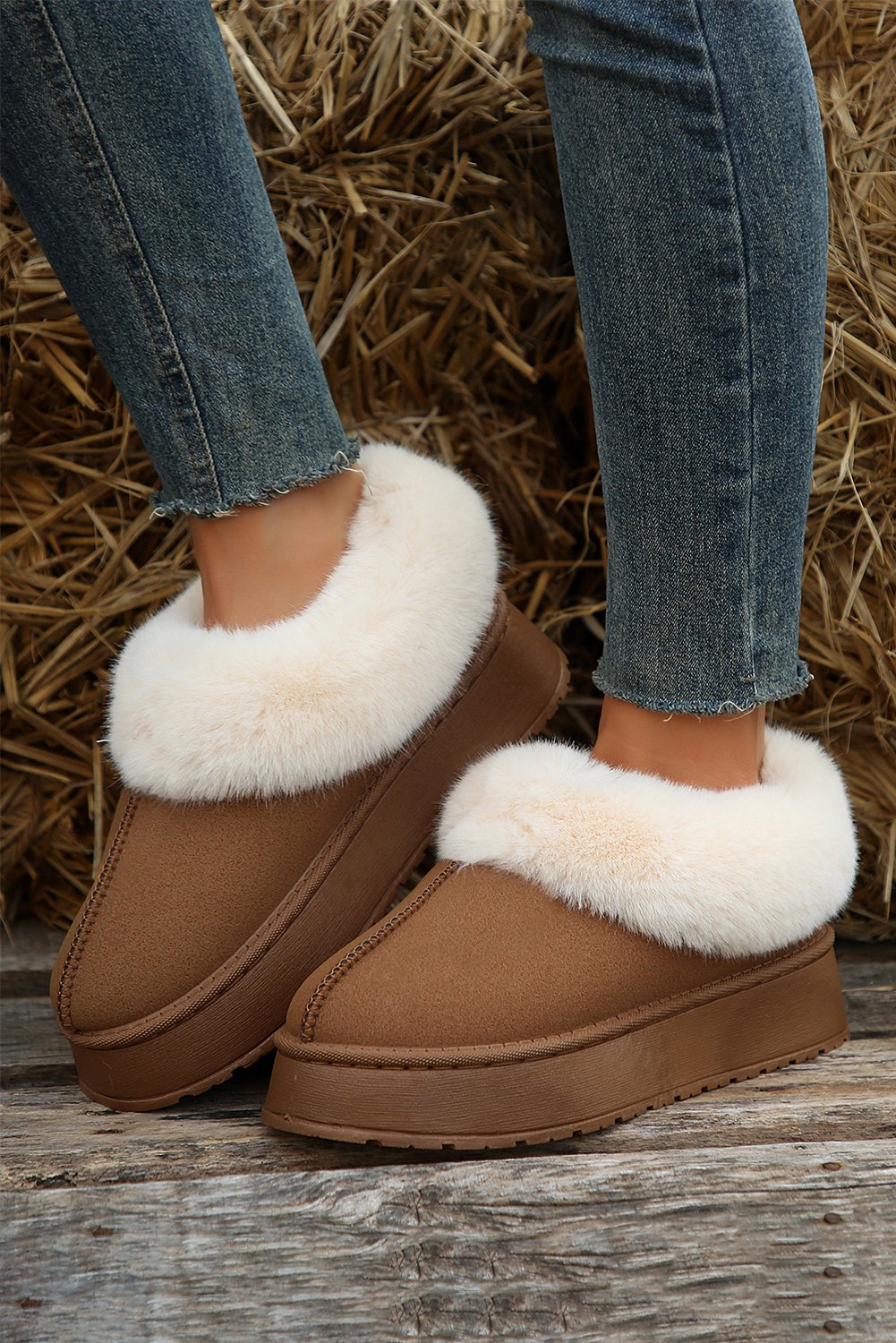 Chestnut Plush Suede Trim Thick Sole Flat Snow Boots - Image 2