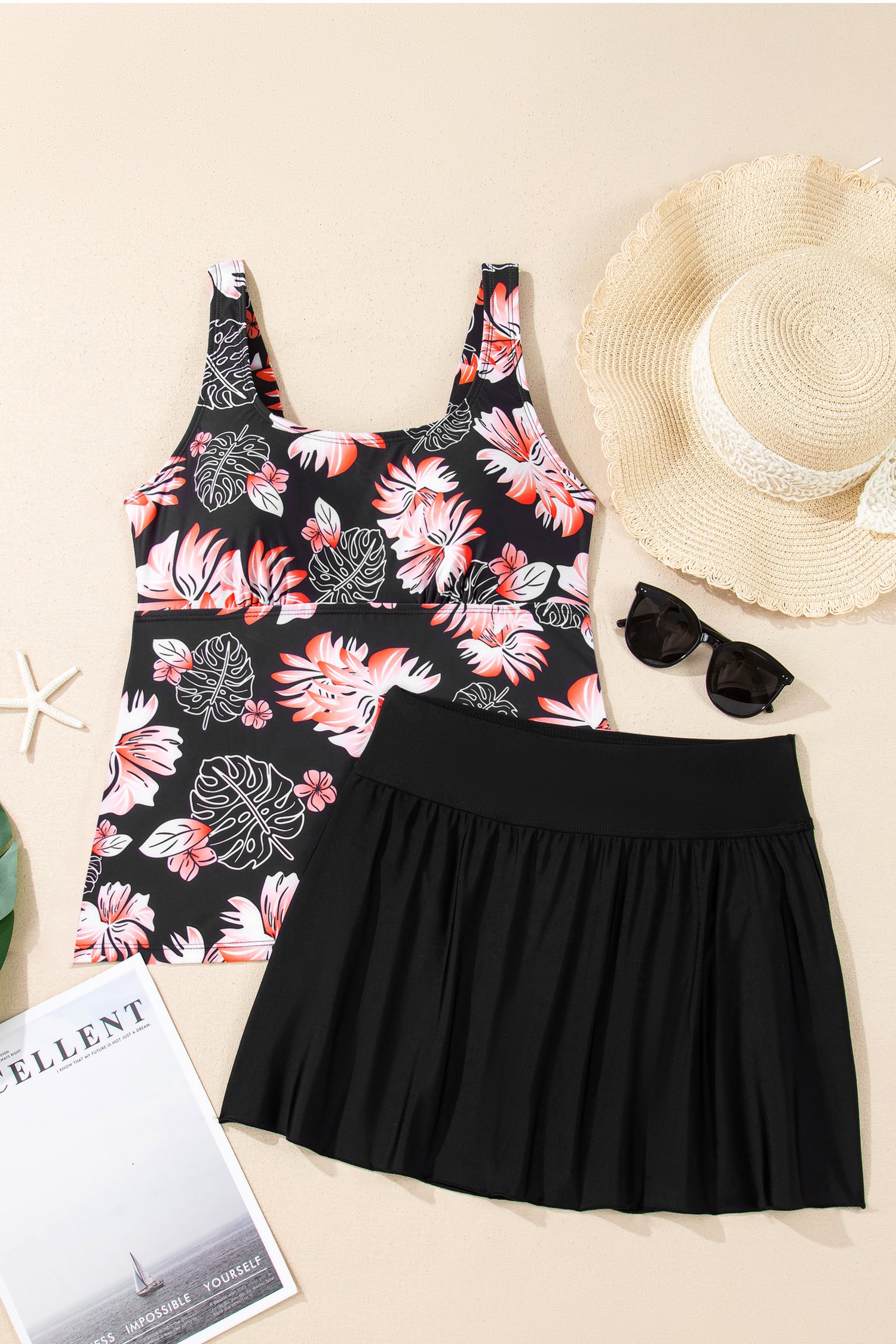 Black Scoop Neck Adjustable Tankini and Matching Skort Bathing Suit - Image 8