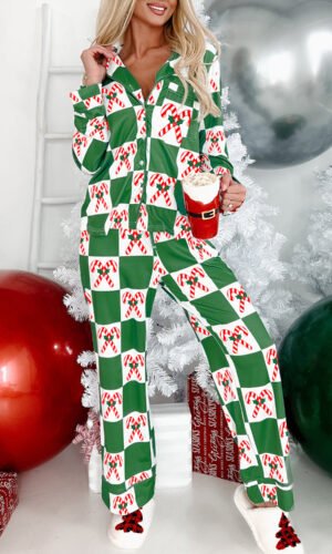 Green Holly Jolly Checkered Pattern 2pcs Long Pajama Set