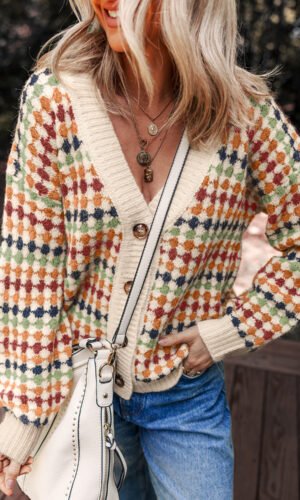 Multicolour Dotty Pattern Knit Button Front V Neck Sweater Cardigan