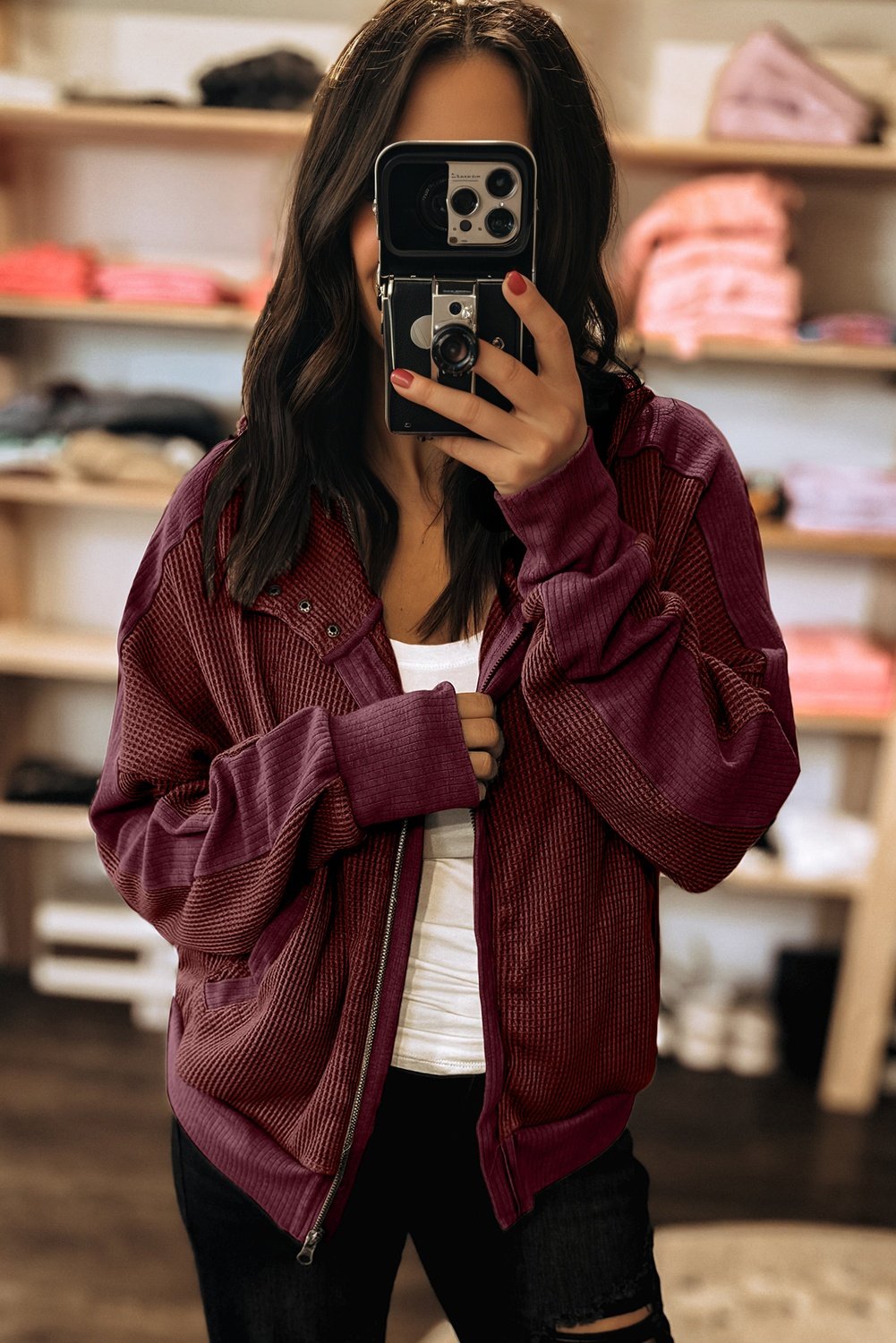 Burgundy Waffle Splicing Zip Up Front Button Hooded Jacket - Image 4