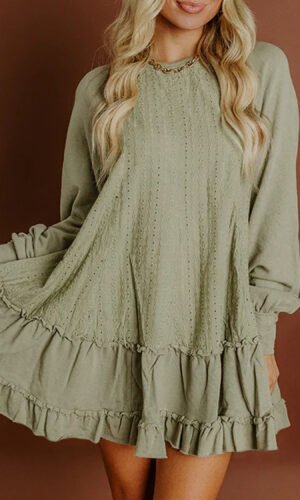Laurel Green Jacquard Frilled Ruffled Long Sleeve Mini Dress