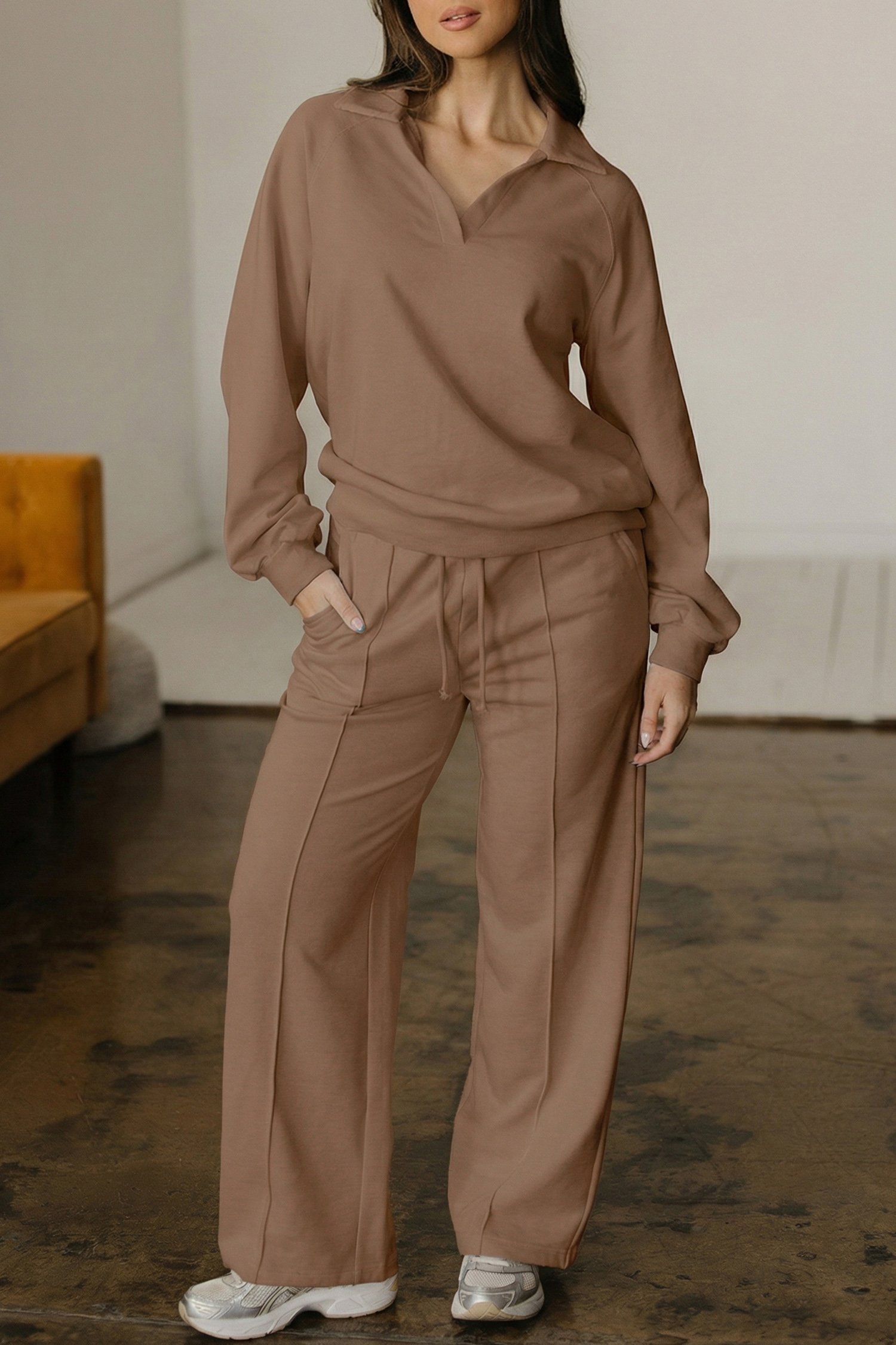 Dark Khaki Polo Collar V Neck Pullover and Drawstring Sweatpants Set - Image 16