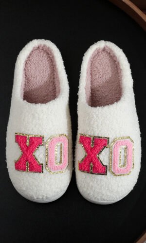 White XO XO Glitter Trim Letter Patched Plush House Slippers