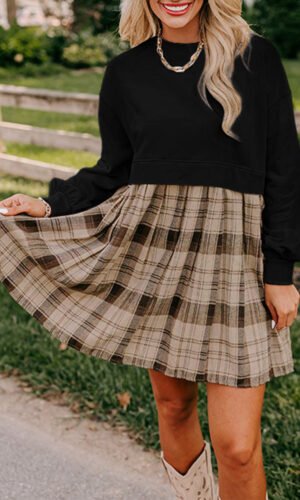 Black Plaid Patchwork High Waist Sweatshirt Mini Dress