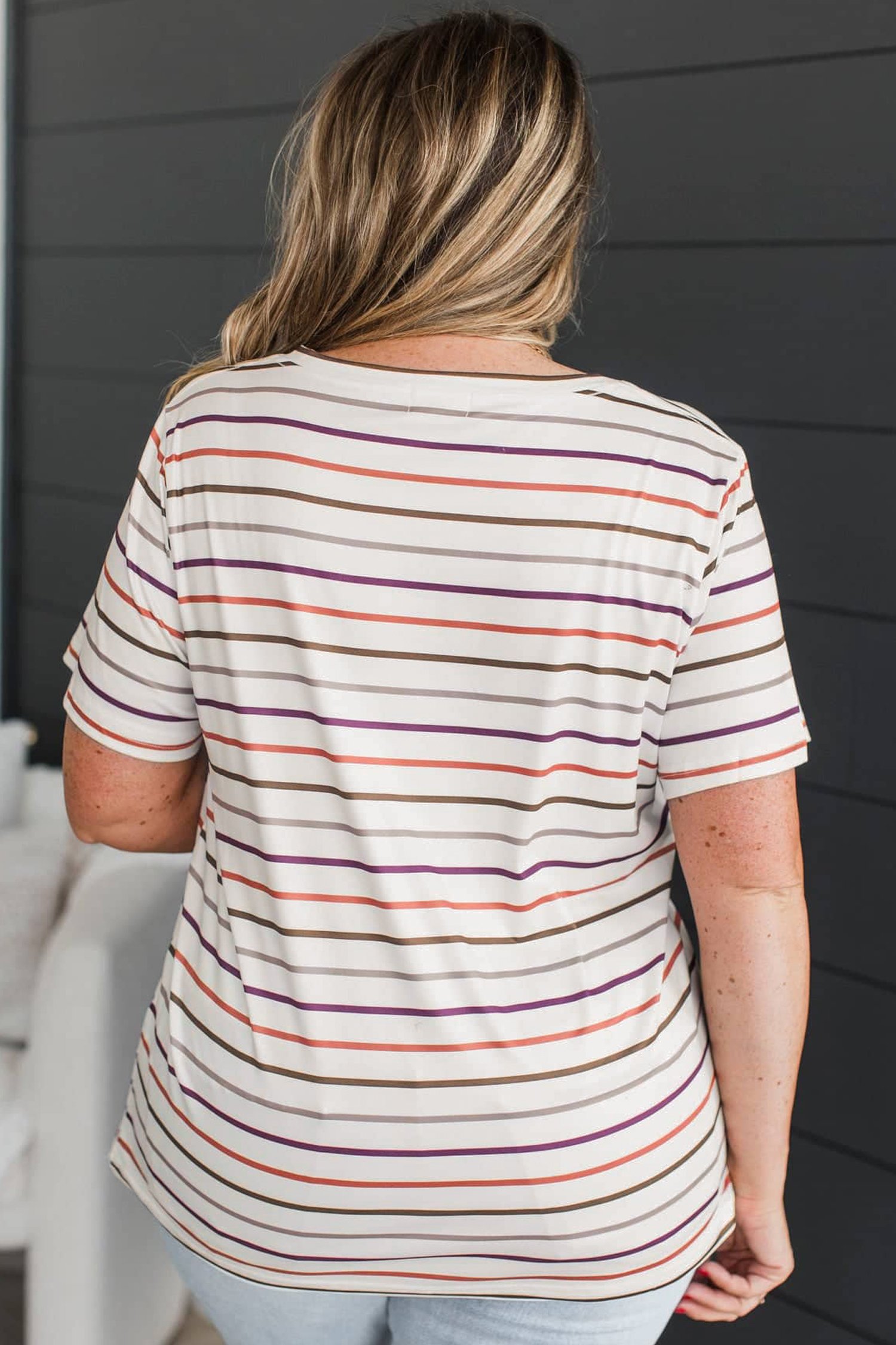 White Stripe V Neck Casual Plus Size Tee - Image 2