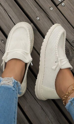 White Solid Ribbed Criss Cross Slip On Casual Shoes