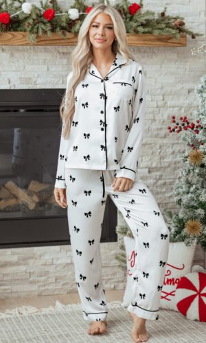 White Bows Print Two Piece Sleepwear