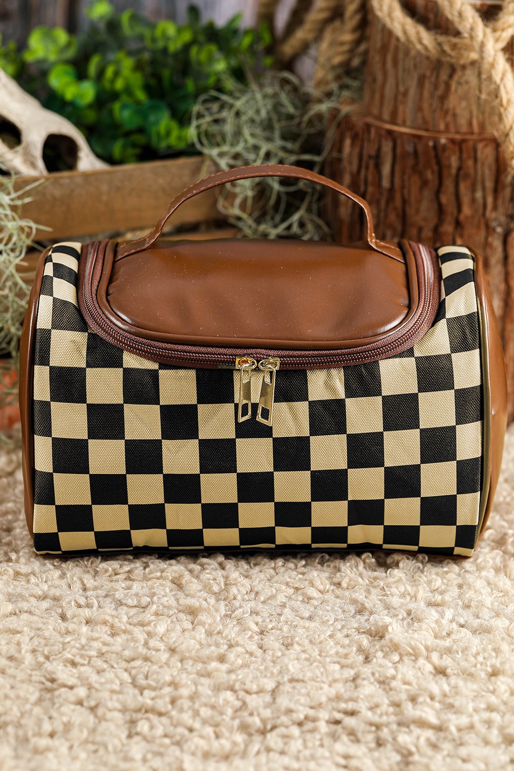 Black Checkered PU Leather Zipper Makeup Bag - Image 7