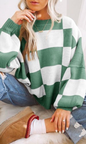 Green Checkered Bishop Sleeve Sweater
