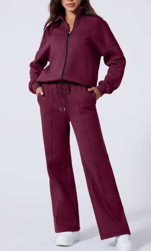 Burgundy Drop Shoulder Zip Up Jacket Drawstring Pants Active 2pcs Set