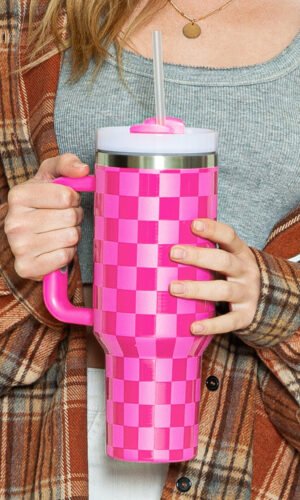 Bright Pink Checkered Print Handled Stainless Steel Tumbler Cup 40oz