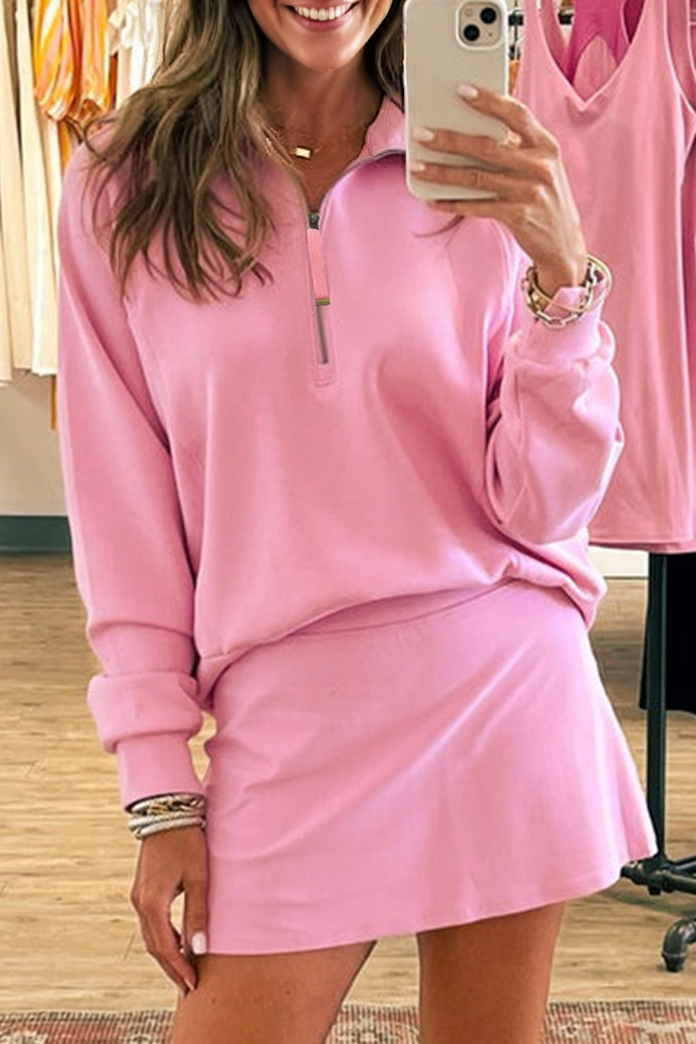 Pink Half Zip Sporty Pullover Mini Skort 2pcs Outfit - Image 4