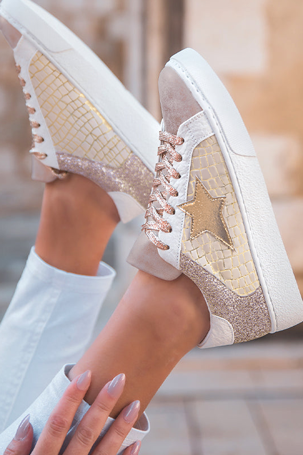 Dearlove Gold Glitter Star Patchwork PU Leather Lace-up Sneakers - Image 4