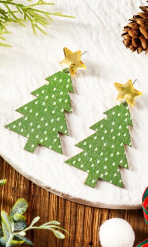 Green Polka Dot Print Christmas Dangle Earrings