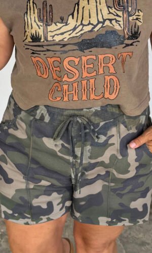 Green Tie Elastic Waist Pocketed Plus Size Camo Shorts