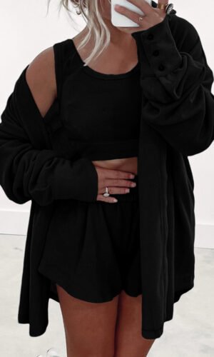 Black 3 Pcs Crop Tank Top Shorts with Cardigan Lounge Set