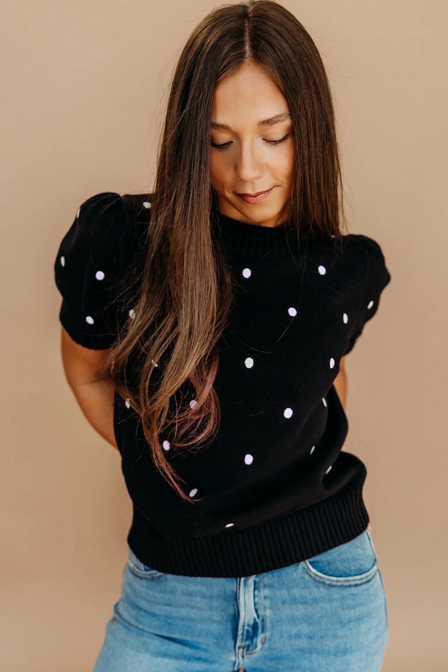 Black Elegant Polka Dot Bubble Short Sleeve Sweater - Image 3