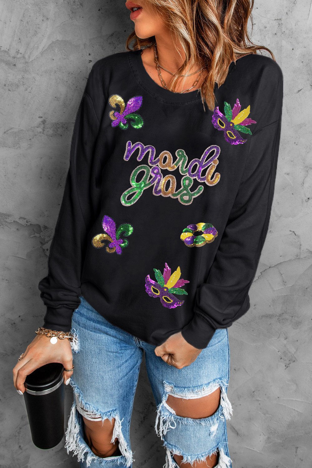 Black Sequin mardi gras Fleur de Lis Graphic Pullover Sweatshirt - Image 2