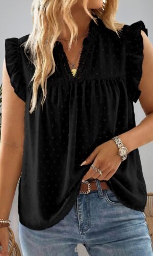 Black Plus Size Swiss Dot Ruffle Lace Trim V Neck Tank Top