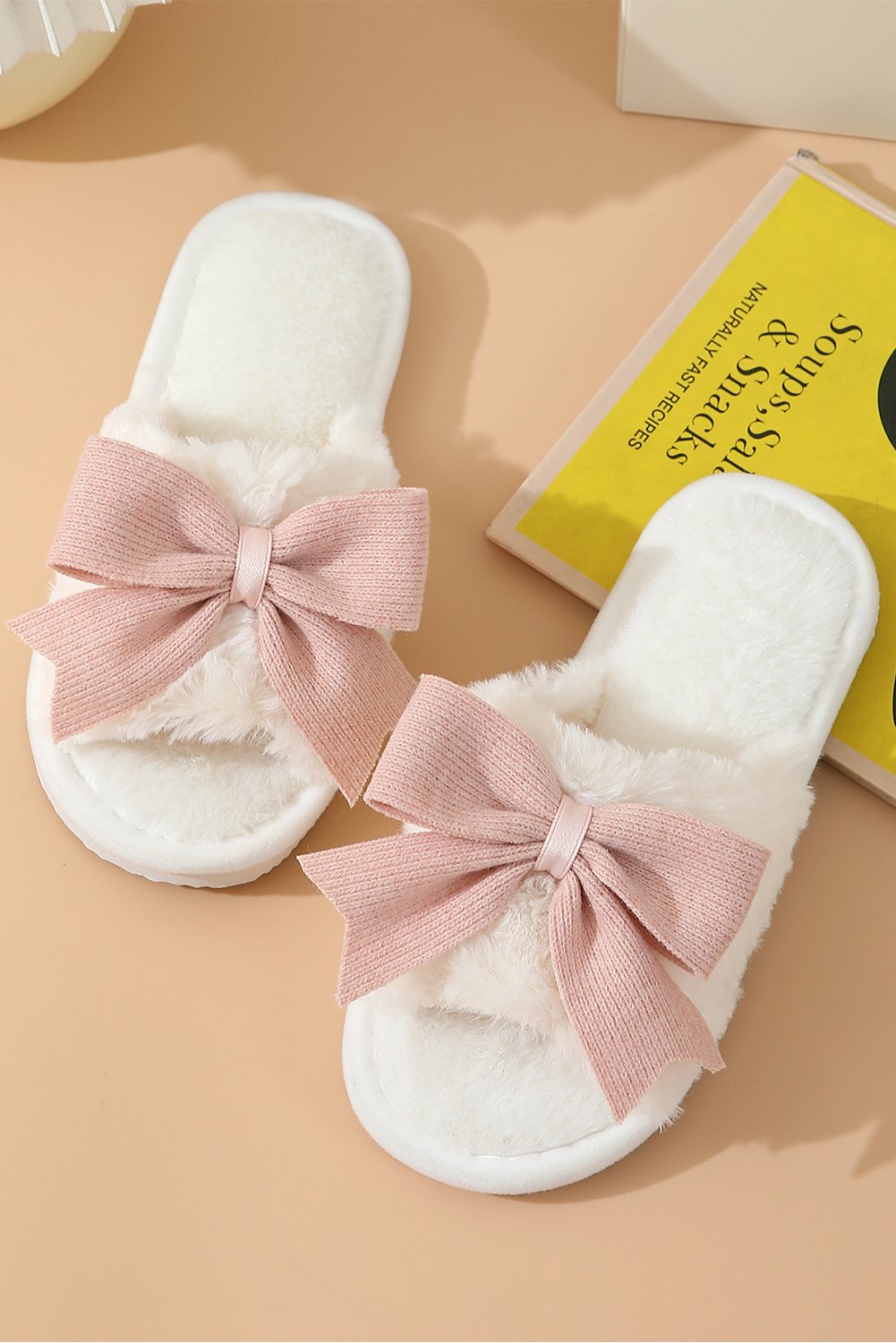 White Bow Knot Decor Open Toe Plush Slippers - Image 4