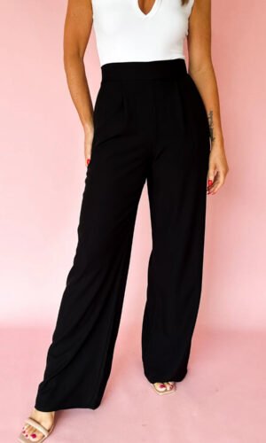Black Pleated Detail Pull On High Elastic Waist Loose Straight Pants
