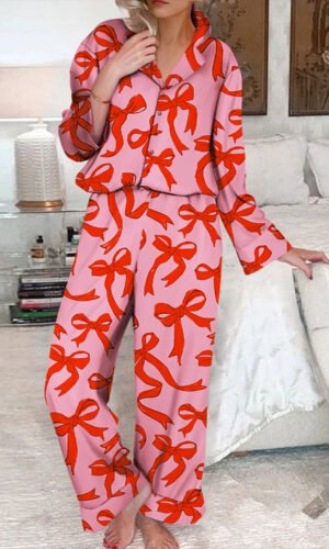 Pink 2pcs Bow Print Shirt Style Long Sleeve Pajama Set